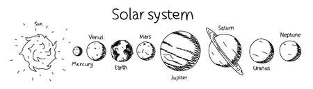 Planets of the solar system hand-drawn illustration. Vector educational poster of solar system planets with captions. Black and white sketch of the school astronomy bannerのイラスト素材