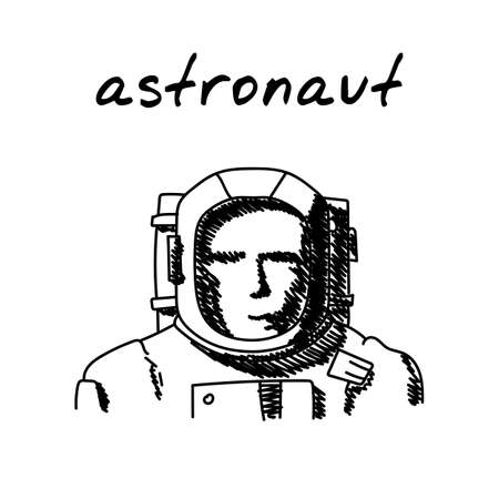 Astronaut in spacesuit hand-drawn illustration. Cartoon vector clip art of a portrait of a cosmonaut in a helmet, wearing a spacesuit. Black and white sketch of the space-traveling conceptのイラスト素材