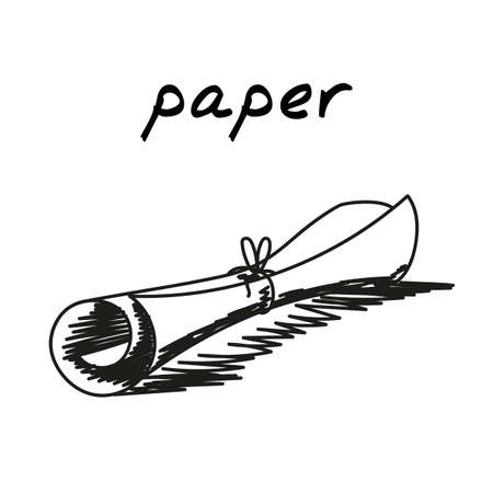 Scroll hand-drawn illustration. Cartoon vector clip art of an old paper document tied with thread. Black and white sketch of the concept of ancient times, archaeological finds, knotted manuscriptのイラスト素材