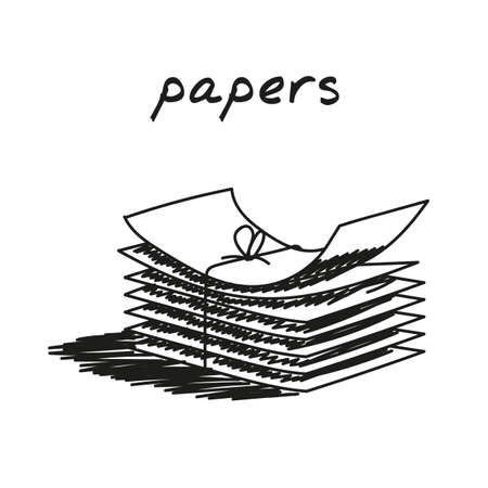 Stack of papers hand-drawn illustration. Cartoon vector clip art of a pile of papers tied with thread. Black and white sketch of the concept of securities, papers, financial reportsのイラスト素材