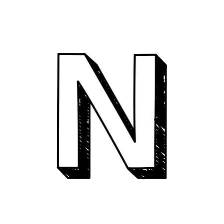 N letter hand-drawn symbol. Vector illustration of a big English letter N. Hand-drawn black and white Roman alphabet letter N typographic symbol. Can be used as a logo, iconのイラスト素材