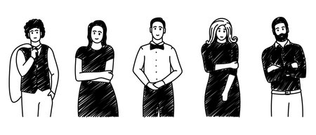 Set of hand-drawn people characters. Vector illustration of 5 cartoon characters of men and women standing. Hand-drawn black and white doodle with a group of stylishly dressed men and womenのイラスト素材