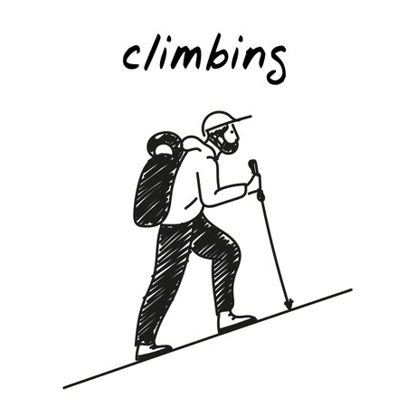 Man hiking in nature hand-drawn icon. Cute cartoon vector clip art of a bearded tourist with a backpack and walking sticks climbing up. Black and white sketch of a traveler walking up the mountainのイラスト素材