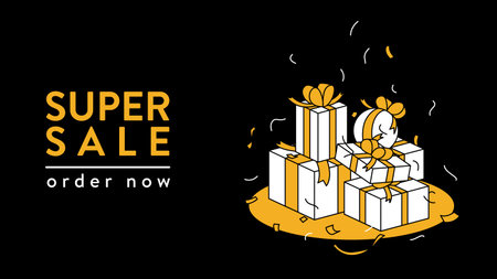 Sale banner with gift boxes. Vector black banner template with illustration of a bunch of cardboard wrapped gift boxes. Poster for a super sale, special offer, promotional page, holiday gift boxesのイラスト素材