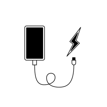 Smartphone charging icon. Cartoon vector icon of a smartphone with charging cable and lightning symbol.のイラスト素材