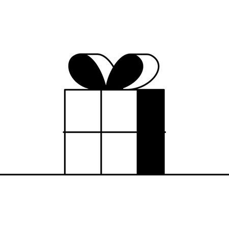 Present box icon. Cartoon vector icon of a boxed gift wrapped and tied with a ribbon and a bow. Black and white sketch with concept of holiday gift waiting to be openedのイラスト素材