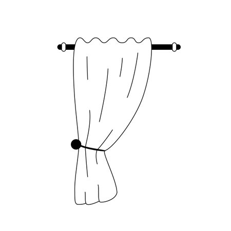 Curtain icon. Outline vector icon of a curtain hanging on the cornice. Black and white linear illustration of a fabric curtain on the cornice tied with a ropeのイラスト素材