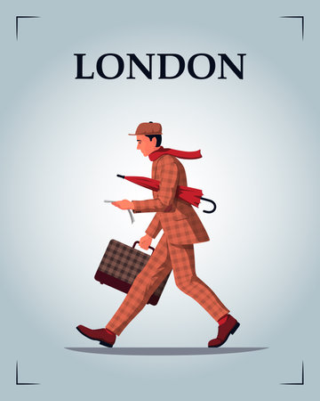 Stylish English man in London walking with a suitcase and umbrella.のイラスト素材