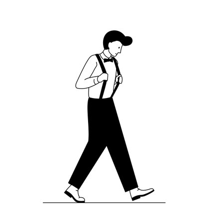 Stylish boy wearing suspenders and a bow. Outline vector illustration of a man standing in fashionable stylish clothing. Black and white linear illustration of a man wearing braces and bow-tieのイラスト素材