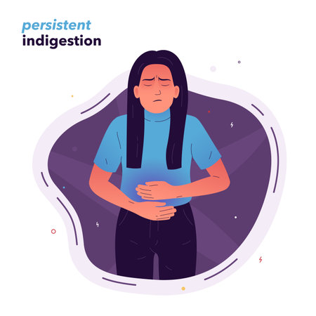 Vector illustration of a girl who stands with her eyes closed and holds her stomach with her hands. The girl does not feel well due to persistent indigestion. Dyspepsia, gastritis, ulcerのイラスト素材