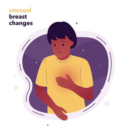 Vector illustration of a worried woman who put her hand to her chest. The woman felt unusual changes in her chest. Symptoms of breast cancer. Illustration for medical articles, posters, standsのイラスト素材