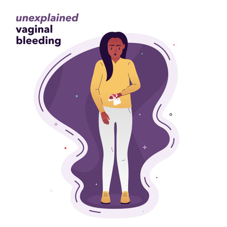 Vector illustration of a girl who is frightened by unexplained vaginal bleeding. Hormonal imbalance, unrecognized pregnancy, fibroids. Illustration for medical articles, posters and standsのイラスト素材