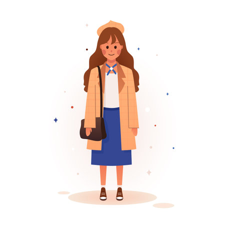 Vector illustration of a cute girl who is studying at school. A girl with a bag on her shoulder and a book in her hands goes to school. school uniform. Illustration for educational posters and standsのイラスト素材