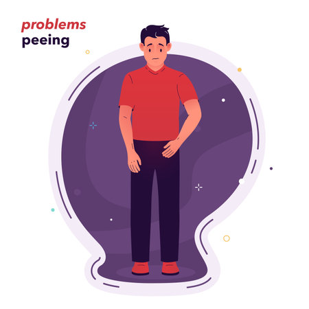 Vector illustration of a sad man who has problems peeing. Painful or difficult urination. Symptoms of prostatitis. Illustration for medical articles, posters, and standsのイラスト素材