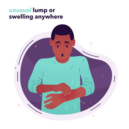 Vector illustration of a frightened man who examines his hand. The man found a swelling on his hand. Symptoms of lipoma, cysts, tumors, and cancer. Illustration for medical articles, posters, standsのイラスト素材