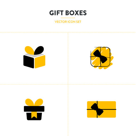 Set of vector icons of greeting boxes. A set of simple and concise gift boxes. Boxes on a white background, tied with black ribbon. Logo, label for brand, company. gift box. packageのイラスト素材