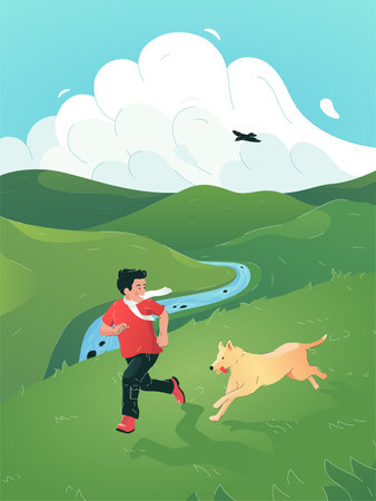 Vector illustration of a happy boy playing outdoors with a dog. Little boy running on the green grass field with a dog. Colorful illustration of a smiling boy in bright clothes walking by the river.のイラスト素材