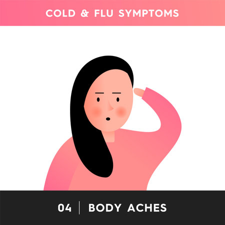 Vector illustration of a person who is experiencing body aches, temperature, and weakness. Because of the pain of the girl, she holds her head with her hand. Flu or cold symptomsのイラスト素材