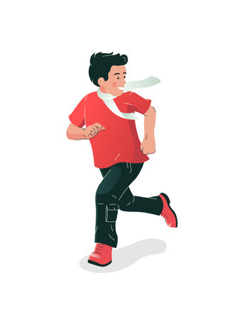 Vector illustration of a happy boy. Little boy running on the white background. Colorful illustration of a smiling boy in bright clothes. Healthy and energetic happy boy actively spending time.のイラスト素材