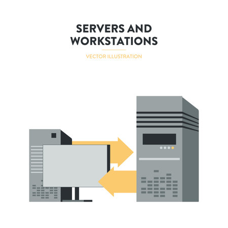 Vector illustration of server and workstation with arrows. Illustration of a computer and monitor connected with a server. Represents a concept of the internet, an online connection, network.のイラスト素材