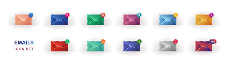 Set of multicolored vector icons of mail envelopes. Icons of closed mail envelopes with a number on a white background. Email notification icons set. email sign. Message icons for web, mobile appのイラスト素材