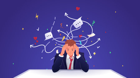 Vector illustration of an overworked man. A man holding his head in his hands. The man is tired of a huge number of cases. The man is confused in his thoughts.のイラスト素材