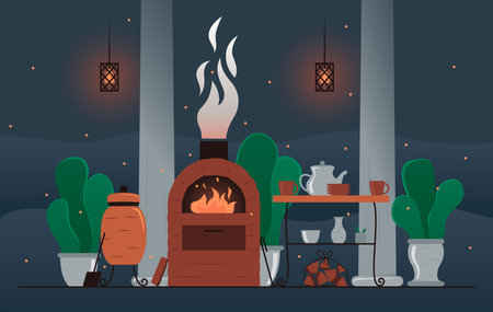 Vector illustration of a cozy evening by the fireplace. Interior with a fireplace, table, tea and firewood. Exterior with a cozy, warm atmosphere.のイラスト素材