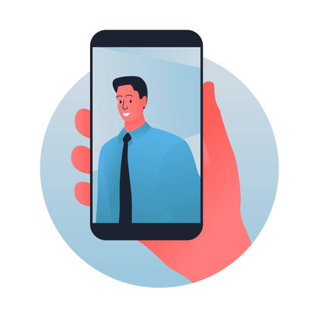 Vector illustration of a hand holding a photo of a young man in a smartphone. Selfie of smiling man in a tie and shirt. Smartphone in hand with a photo of a businessman.のイラスト素材