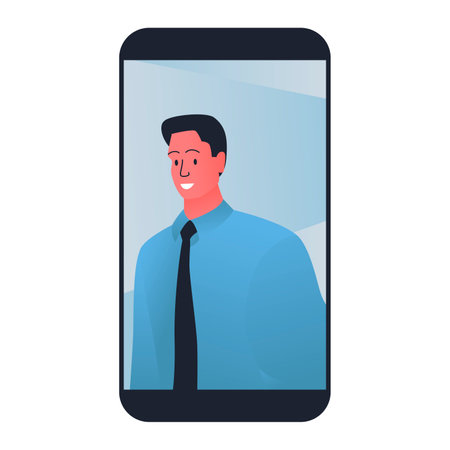 Vector illustration with a photo of a young man in a smartphone. Selfie of a man in a tie and blue shirt. Flat illustration of a smartphone with a photo of a happy office worker.のイラスト素材