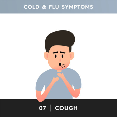 Vector illustration of a man suffering from a cold. A person experiences chest pain due to a strong cough. Cough is a symptom of allergies, pneumonia, colds, flu, asthma, COVID-19, and bronchitisのイラスト素材