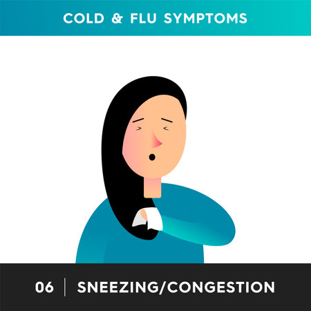 Vector illustration of a person with flu or cold symptoms. The girl sneezes and holds a handkerchief in her handのイラスト素材