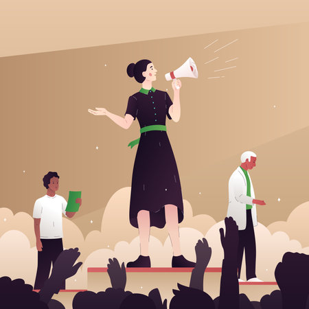 Vector illustration of a leader with a loudspeaker. A woman standing on the stage makes a campaign speech. People came to the rally. Banner for the election campaign. Performance at an eventのイラスト素材