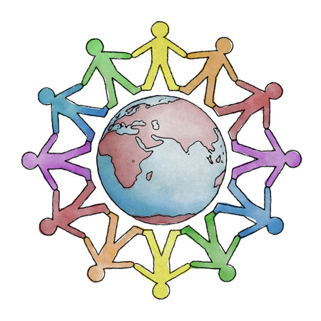 Hand drawn Earth with cutout people holding hands  の写真素材