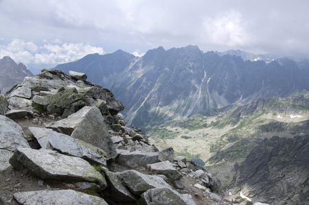 Hiking trail to Rysy mount, aeria view to mountain tarn Big frogのeditorial素材