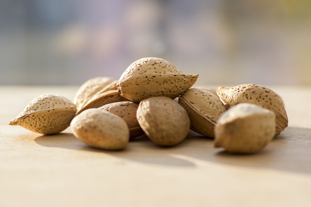 Almonds in hard shells, pile on wooden tableの写真素材