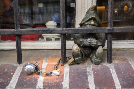 Wroclaw / POLAND - March 30, 2018: Wroclaw krasnale modern art small figurines in streets of Wroclaw streets, small dwarfs are great tourist attractionのeditorial素材