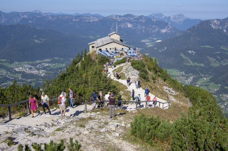 Eagle's Nest, Obersalzberg / Germany - September 20, 2018: Beautiful sunny autumnal day the top of the mount on Kehlsteinhaus, groups of touristsのeditorial素材