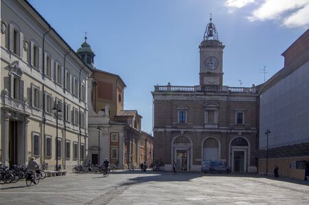 Ravenna / ITALY - June 20, 2018: Piazza del Popolo with clock tower.