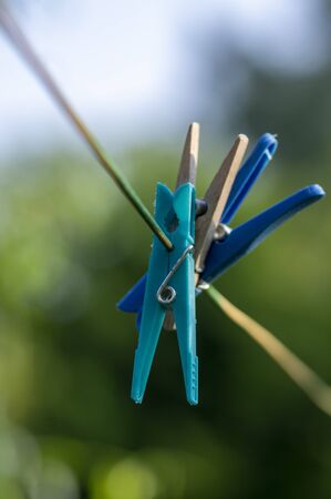 group of blue plastic and light wooden clothes pegs hanging on clothesline in sunlight, green blurry natural backgroundの写真素材