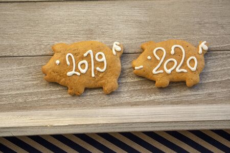 Pour feliciter 2020, gingerbread pig with year 2019 is followed by pig with 2020 sign, wooden...