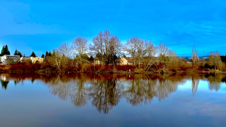 Beautiful lake and housesの写真素材