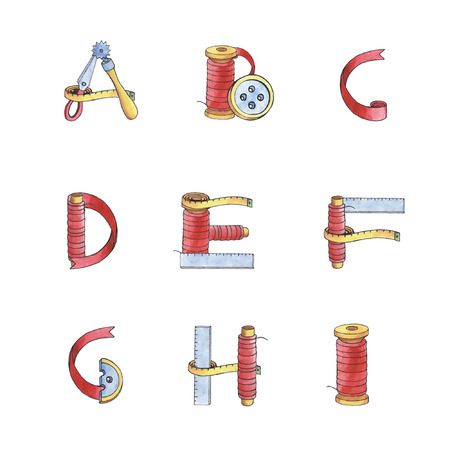 Tri-color watercolor alphabet of sewing items: scissors, tape, button, spool, coil, jockey wheel, ruler and centimeterのイラスト素材