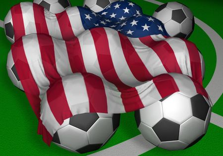 3D-rendering USA flag and soccer-balls - competitor of World Championshipの写真素材
