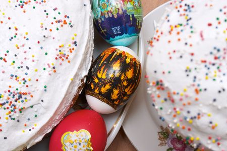 Festive easter cakes and eggsの写真素材