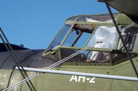 Close-up biplane cabin. AN-2 (Antonov), in the airshow. Mochishe aerodrome, Novosibirsk