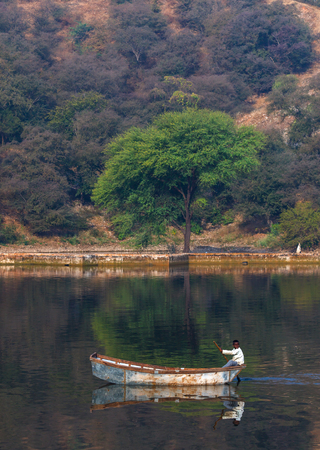 Indian boy in a boatのeditorial素材