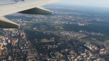 Aerial view from descending airplaneの写真素材