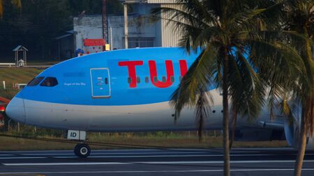 Airplane braking after landingのeditorial素材