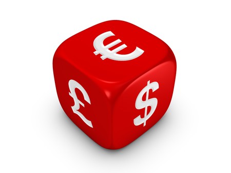 one red dice with dollar euro pound sign isolated on white background one red dice with dollar euro pound sign isolated on white background