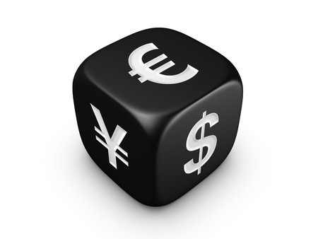 one black dice with dollar euro yen sign isolated on white backgroundの写真素材
